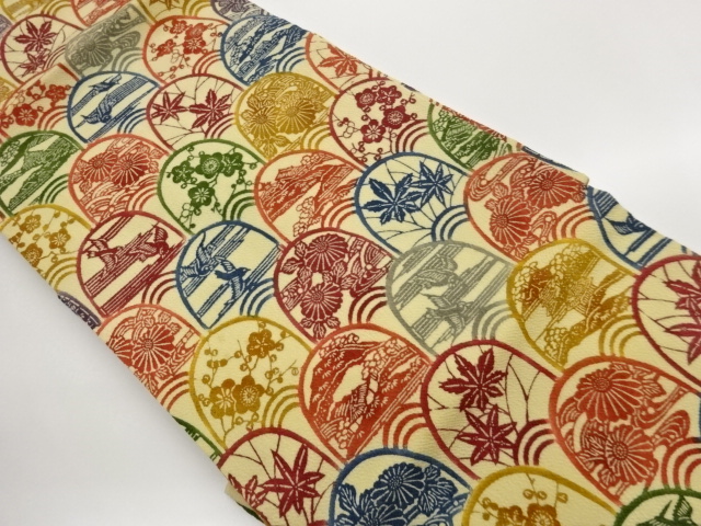 JAPANESE KIMONO / NAGOYA OBI / CHIRIMEN / KATAZOME / FLOWER & BIRD